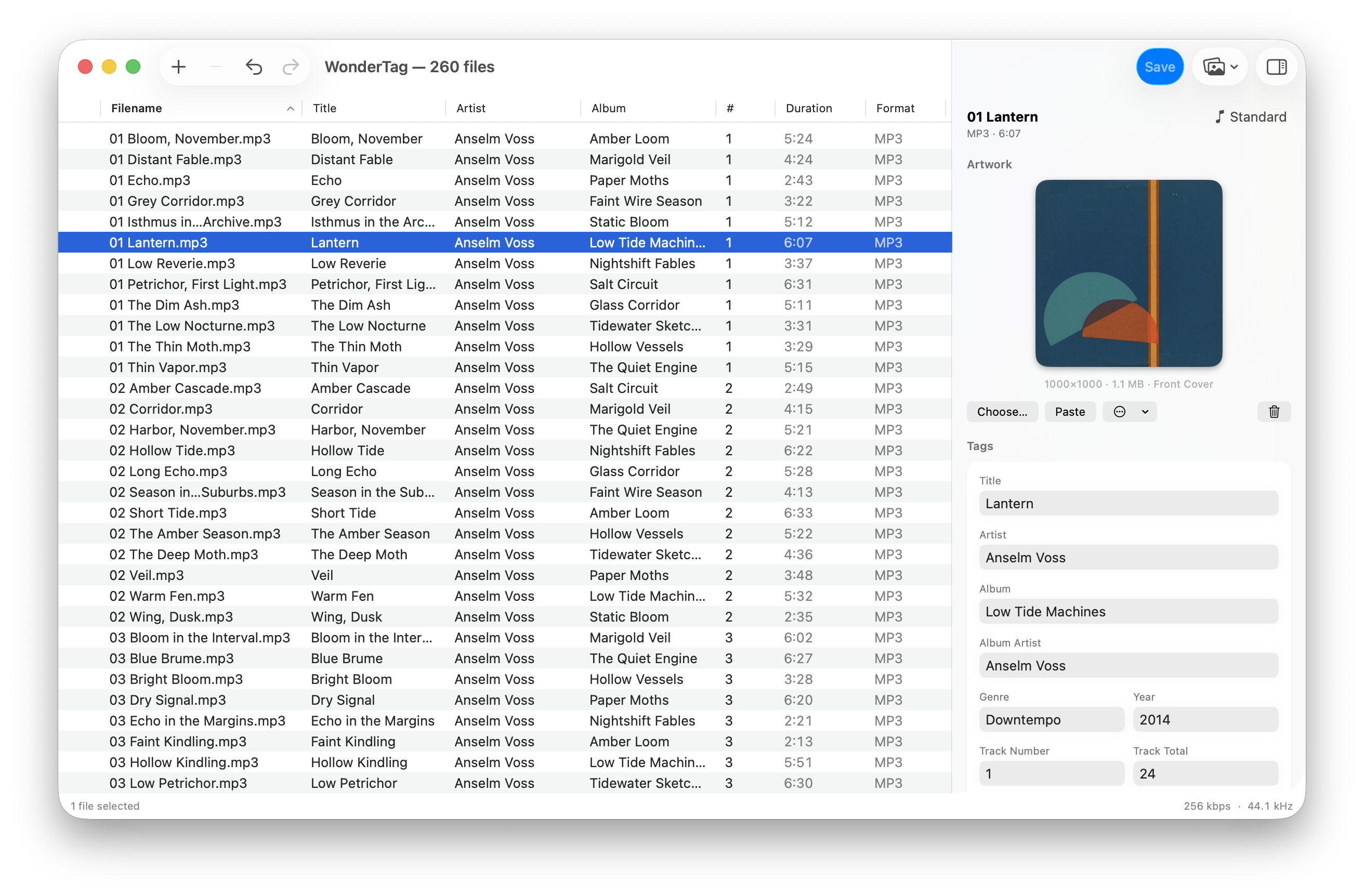 WonderTag's inspector on a single track: a 1000 by 1000 front cover above title, artist, album, album artist, genre, year and track number, all filled in.