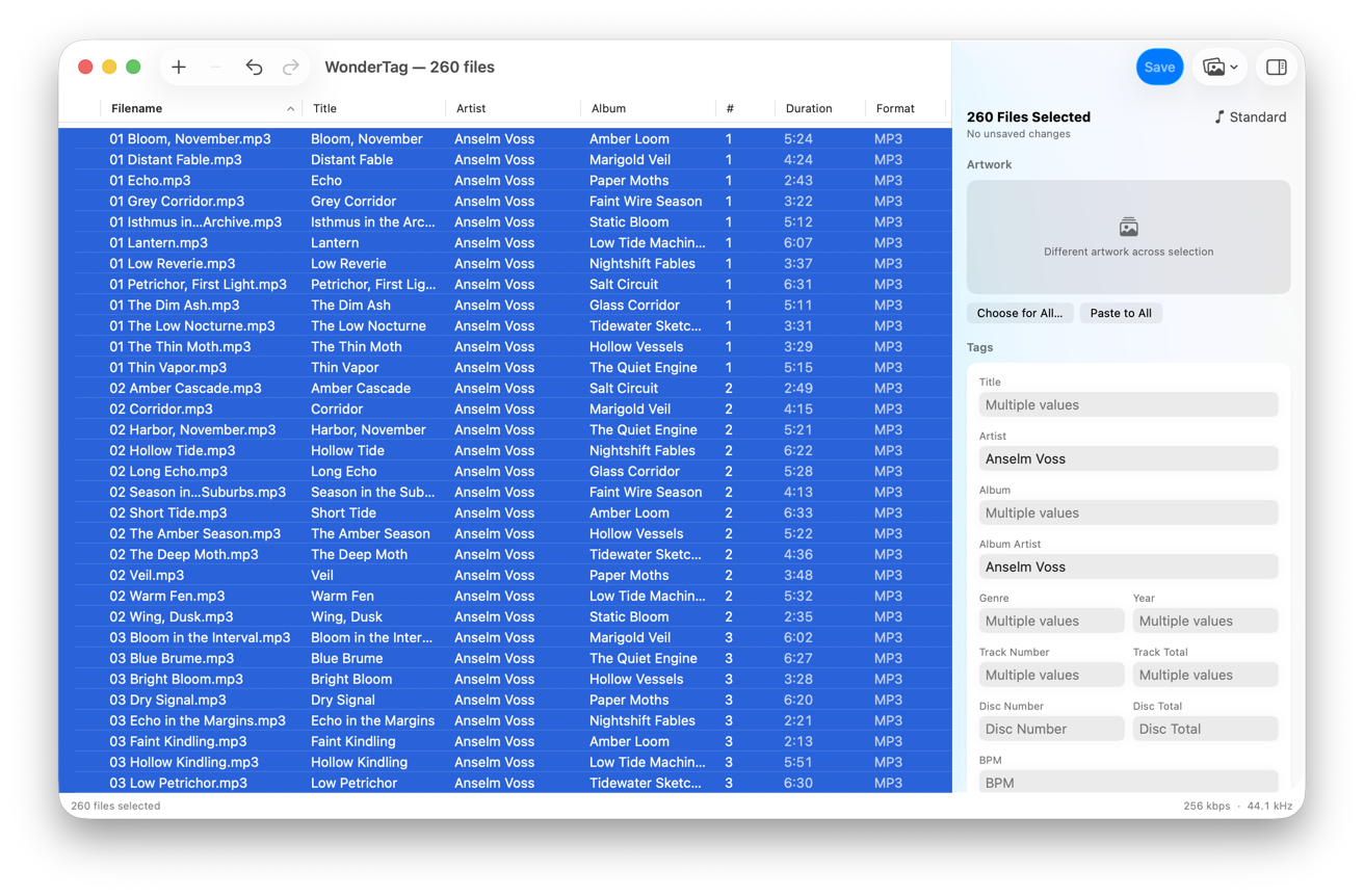 WonderTag with all 260 files selected. The inspector reads 260 Files Selected; Artist and Album Artist both read Anselm Voss, while artwork reads Different artwork across selection and title, album, genre, year and track all read Multiple values.